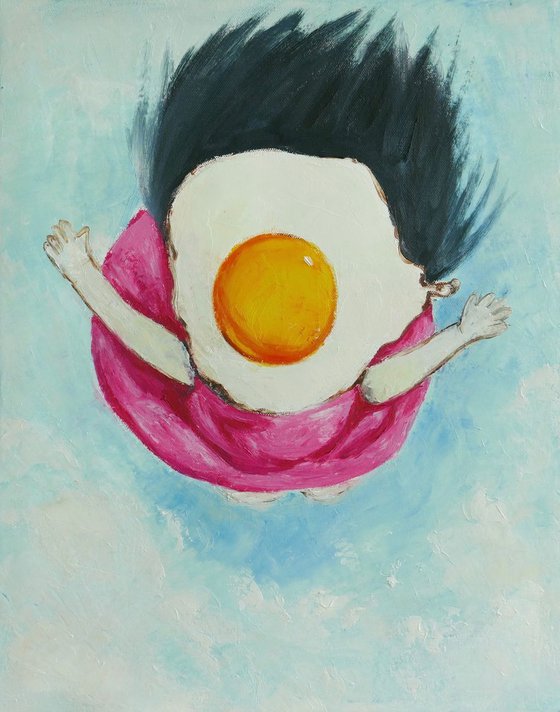 Egg girl in pink dress flying