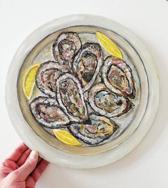 "Oysters in a Plate" Original Oil on Round Canvas Board Painting 12 by 12 inches (30x30 cm)