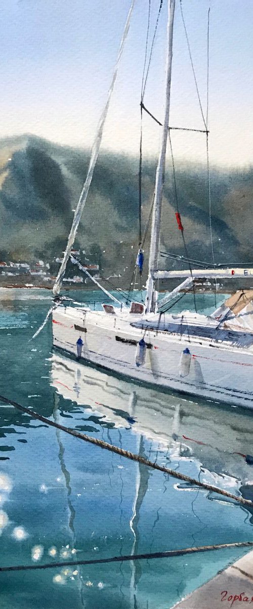 Moored yacht, Montenegro by Eugenia Gorbacheva