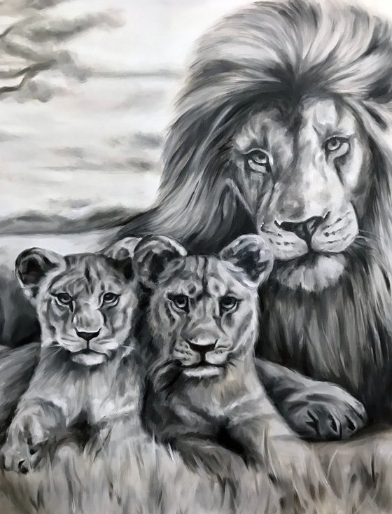 Oil painting with lions "Family" 150 * 75 cm