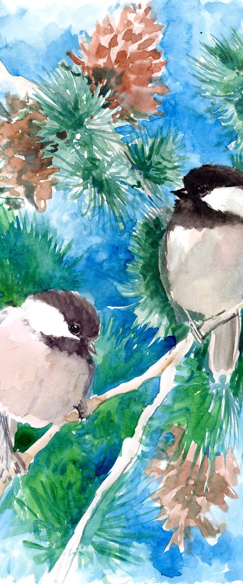 Chickadees on Pine Tree by Suren Nersisyan