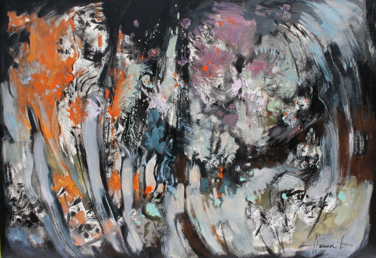 Expressive Abstract Oil Painting By Henadzy Havartsou, 39 X 28, Whispers In The Garden, Original Artwork