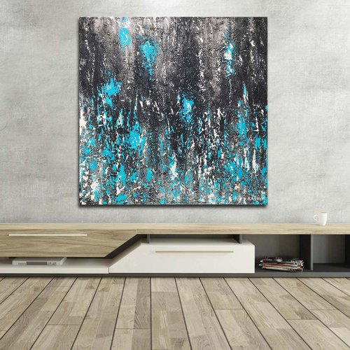 DETERMINED - Highly textured Brown & Teal abstract painting 100cm x 100cm - 2020 - READY TO HANG! by Rasko