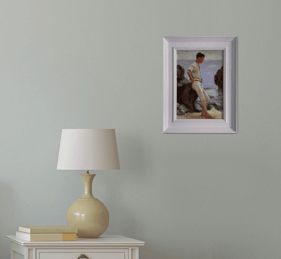 Impressionist style Male figure oil painting, with wooden frame.
