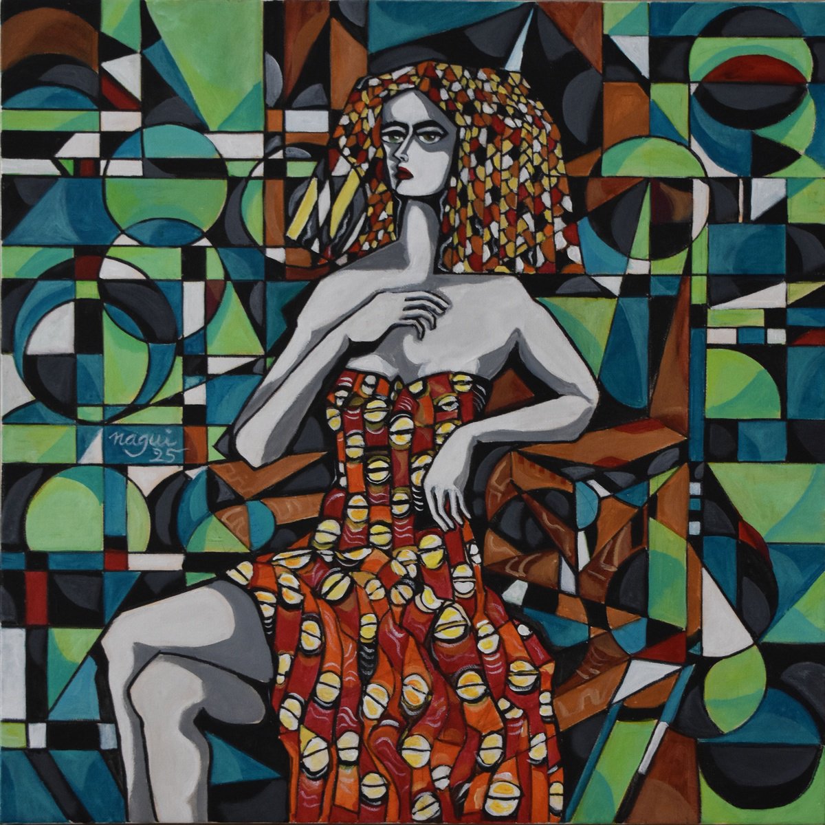 Expressive Portrait Acrylic Painting By Nagui, 20 X 20", Seated Model, Original Artwork