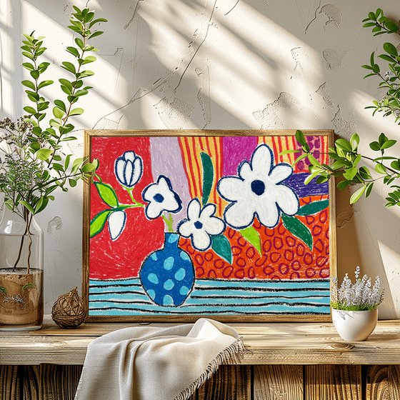 White Flowers in Blue Vase