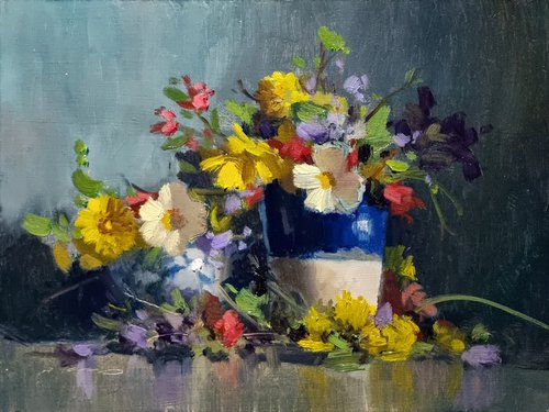 Garden Flowers in a Blue Cup by Pascal Giroud
