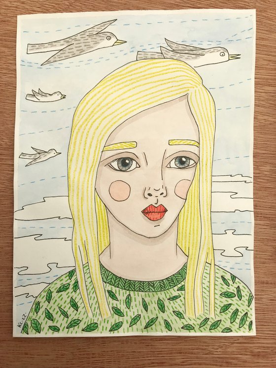 Girl with Leaves and Birds - Mixed-media