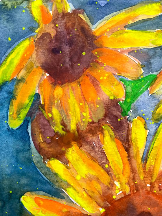 Sunflowers painting, Yellow Flowers Original Watercolor Painting