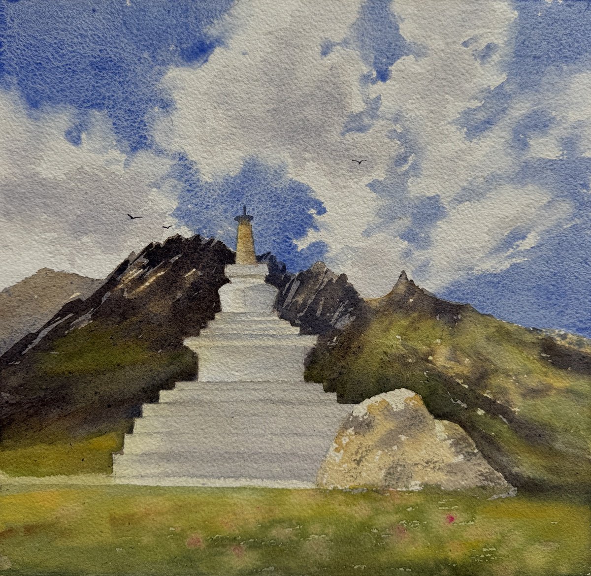 Impressionistic Landscape Watercolour By Shelly Du, 12 X 12", Tibetan White Stupa, Original Artwork