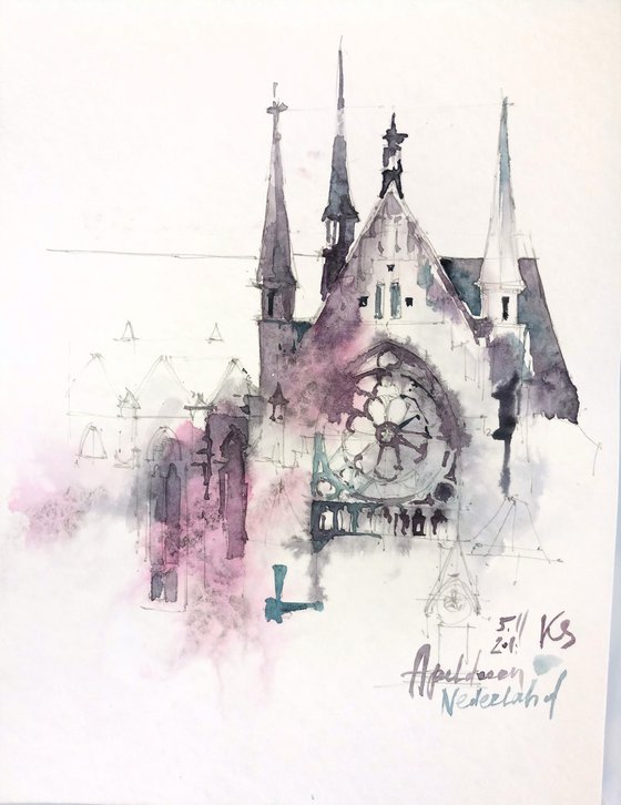 "Gothic cathedral towers in Apeldoorn, Netherlands" architectural landscape - Original watercolor painting