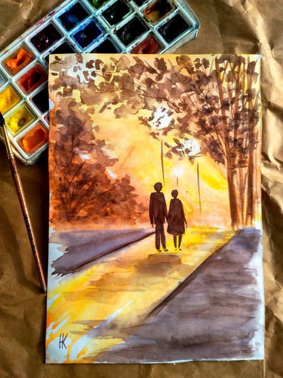 Couple Painting Fall NYC Original Art Walk in Central Park Watercolor Stroll Small Wall Art 8 by 12 inches