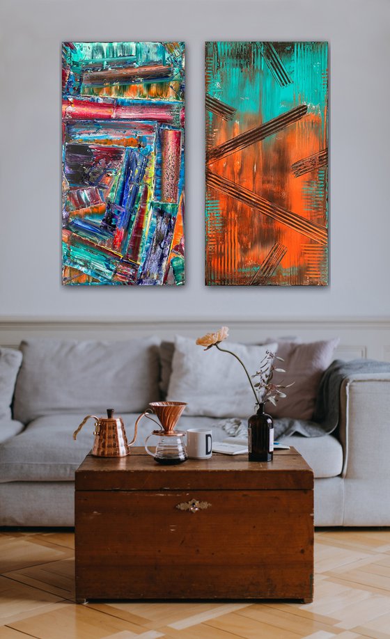 "We Go Together Like Oil and Acrylic" - Save As A Series - Original PMS Abstract Diptych Oil and Acrylic Paintings On Canvas - 36" x 36"