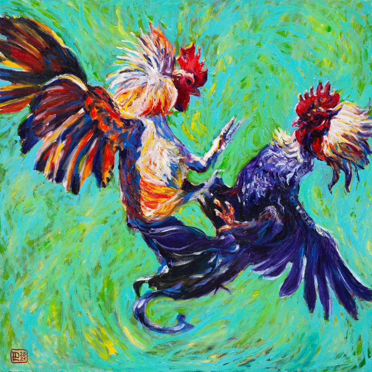 Expressive Animal Oil Painting By Liudmila Pisliakova, 24 X 24", Fighting Roosters, Original Artwork