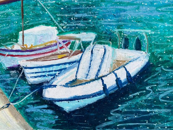Sea Original Painting, Boats Oil Pastel Drawing, Greece Seascape Art, Blue Home Decor