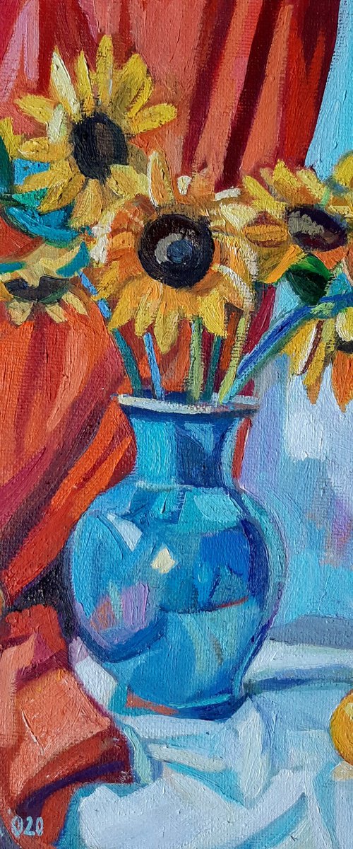 Still life with sunflowers and red drapery by Maja Đokić Mihajlović