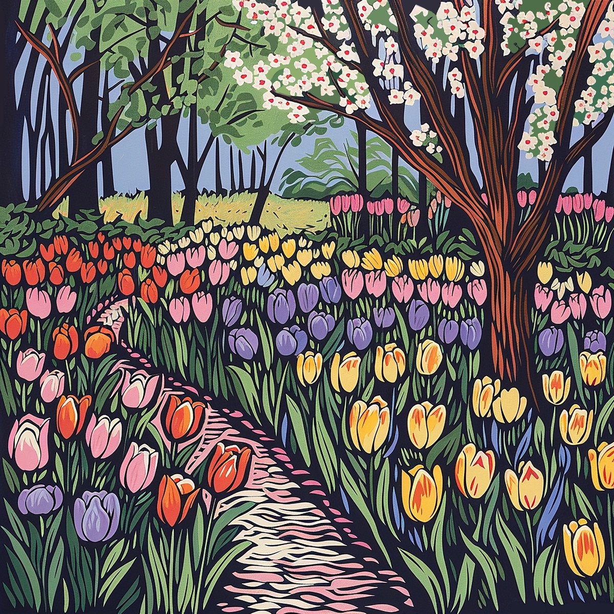 Impressionistic Landscape Acrylic Painting By Kosta Morr, 31 X 31", Tulips, Original Artwork