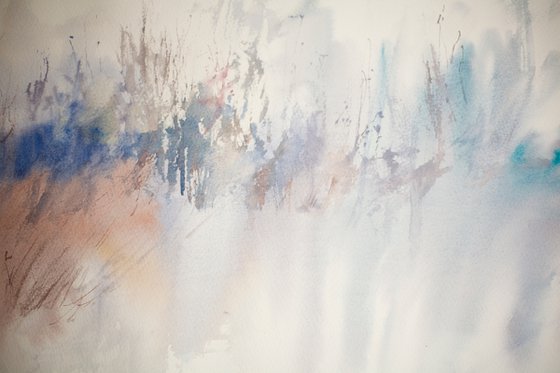 Winter forest. Abstraction. Frost and mist. Original watercolor, interior detail snow medium size painting