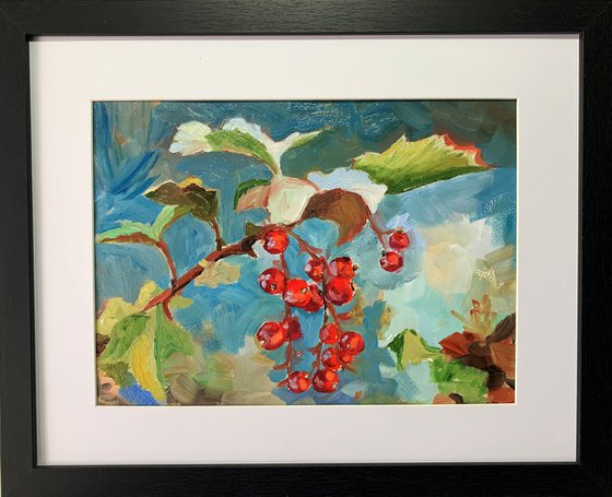 Landscape with red currant berries.