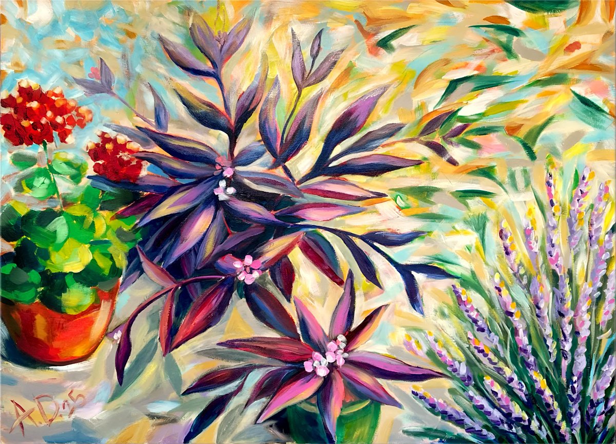 Impressionistic Botanical Acrylic Painting By Angelina Doseva, 40 X 30, In The Midst Of Summer, Original Artwork