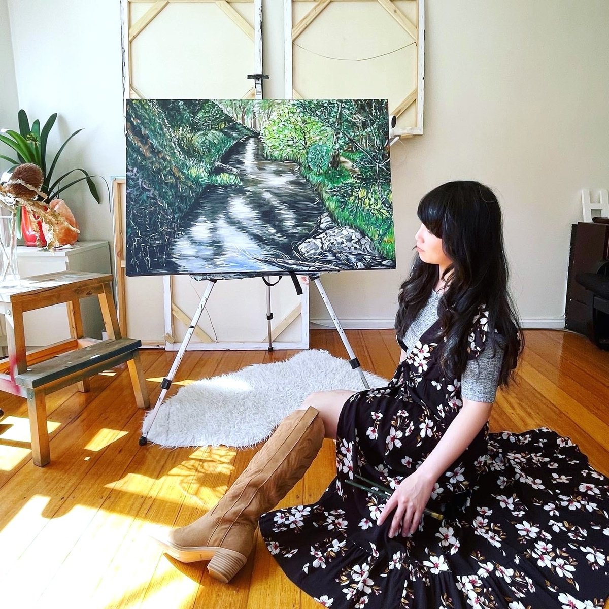 Impressionistic Landscape Acrylic Painting By Hsin Lin, 35 X 24, River View In Wonderland, Original Artwork