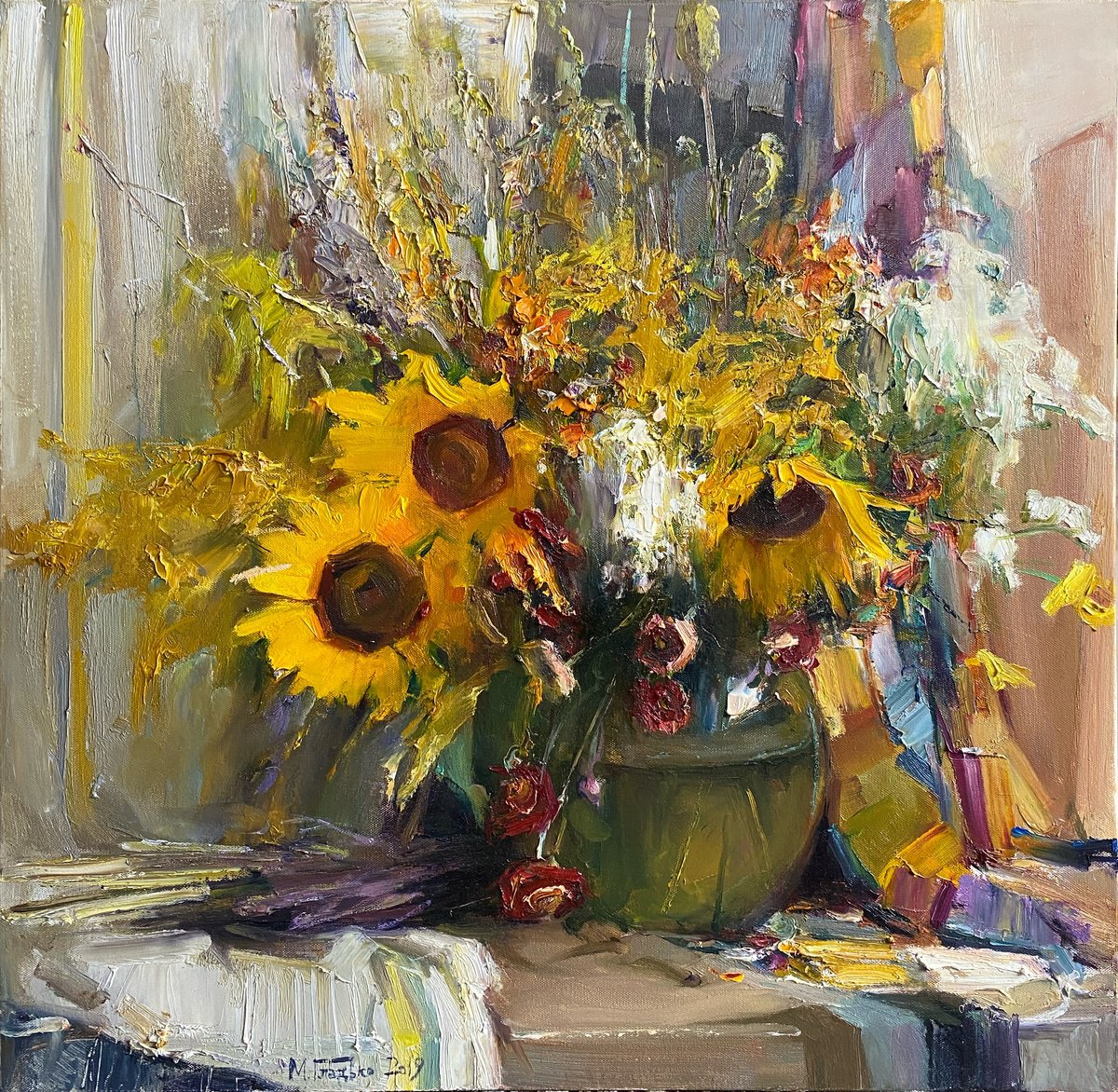 Impressionistic Botanical Oil Painting By Maxim Gladko, 31 X 31", Sunflowers, Original Artwork