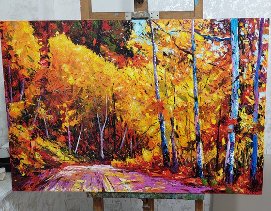 Autumn in a forest  (120x80cm, oil painting, ready to hang)