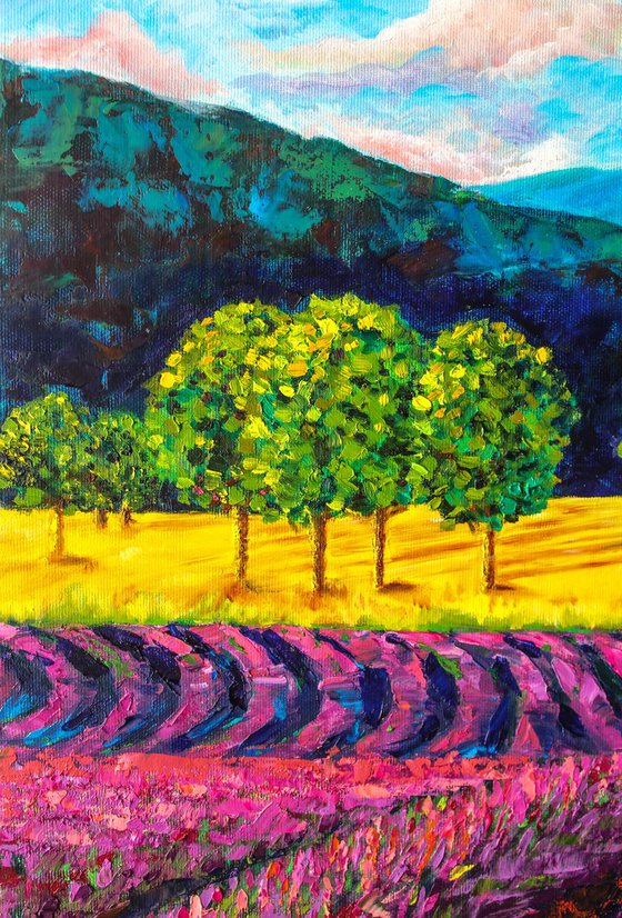 Lavender fields - Landscape with lavender, trees and mountains Oil painting