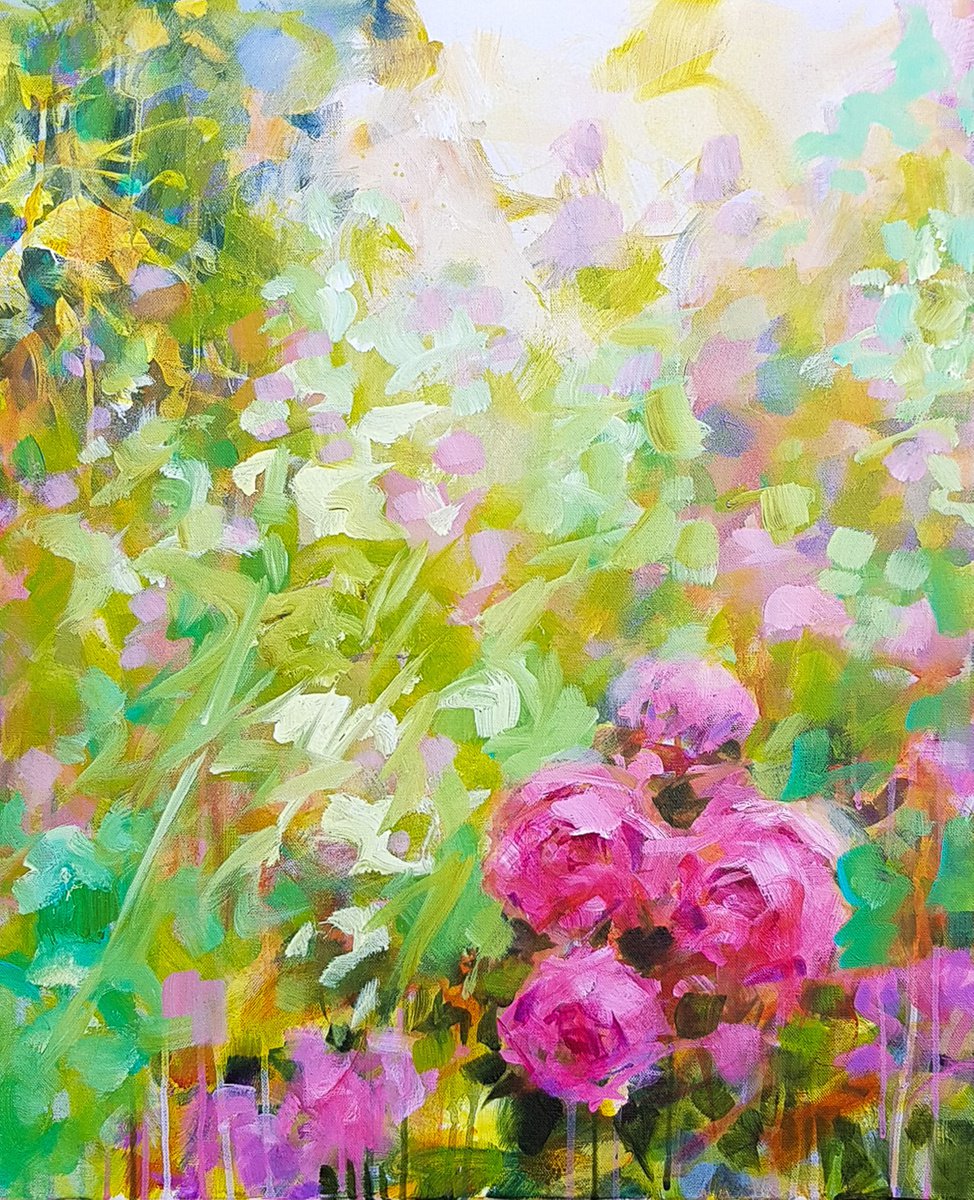 Flowers in a garden Modern Semi abstract floral painting Les roses au jardin Soft colors D... by Fabienne Monestier