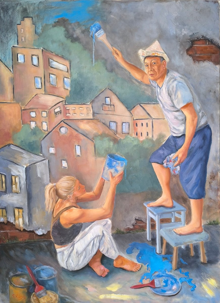 Expressive Portrait Oil Painting By Svetlana Grishkovec-Kiisky, 37 X 51", Graffiti, Original Artwork