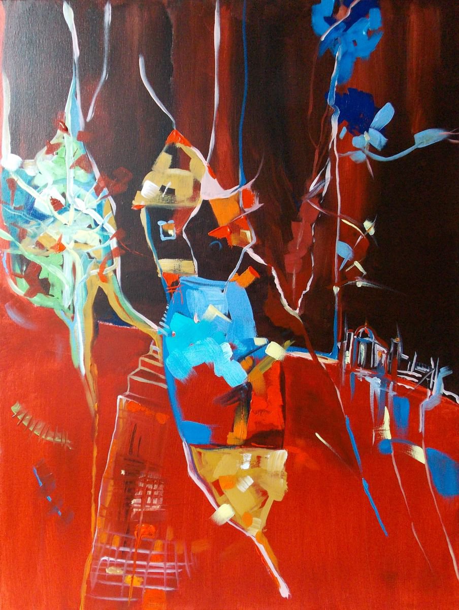 Abstract Landscape Acrylic Painting By Maria Paunova, 24 X 31", An Idyll, Original Artwork