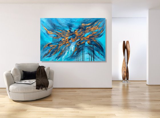 COMMISSIONED ARTWORK FOR M N-K - Blue Planet #2 - XL LARGE,  TEXTURED ABSTRACT ART – EXPRESSIONS OF ENERGY AND LIGHT. READY TO HANG!