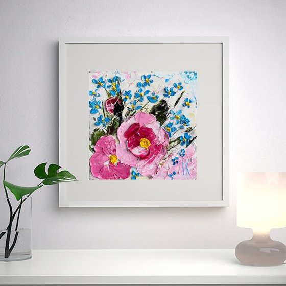 Peony Painting Forget me Nots Original Art Flowers Oil Impasto Floral Artwork Small Home Wall Art 6 by 6" by Halyna Kirichenko