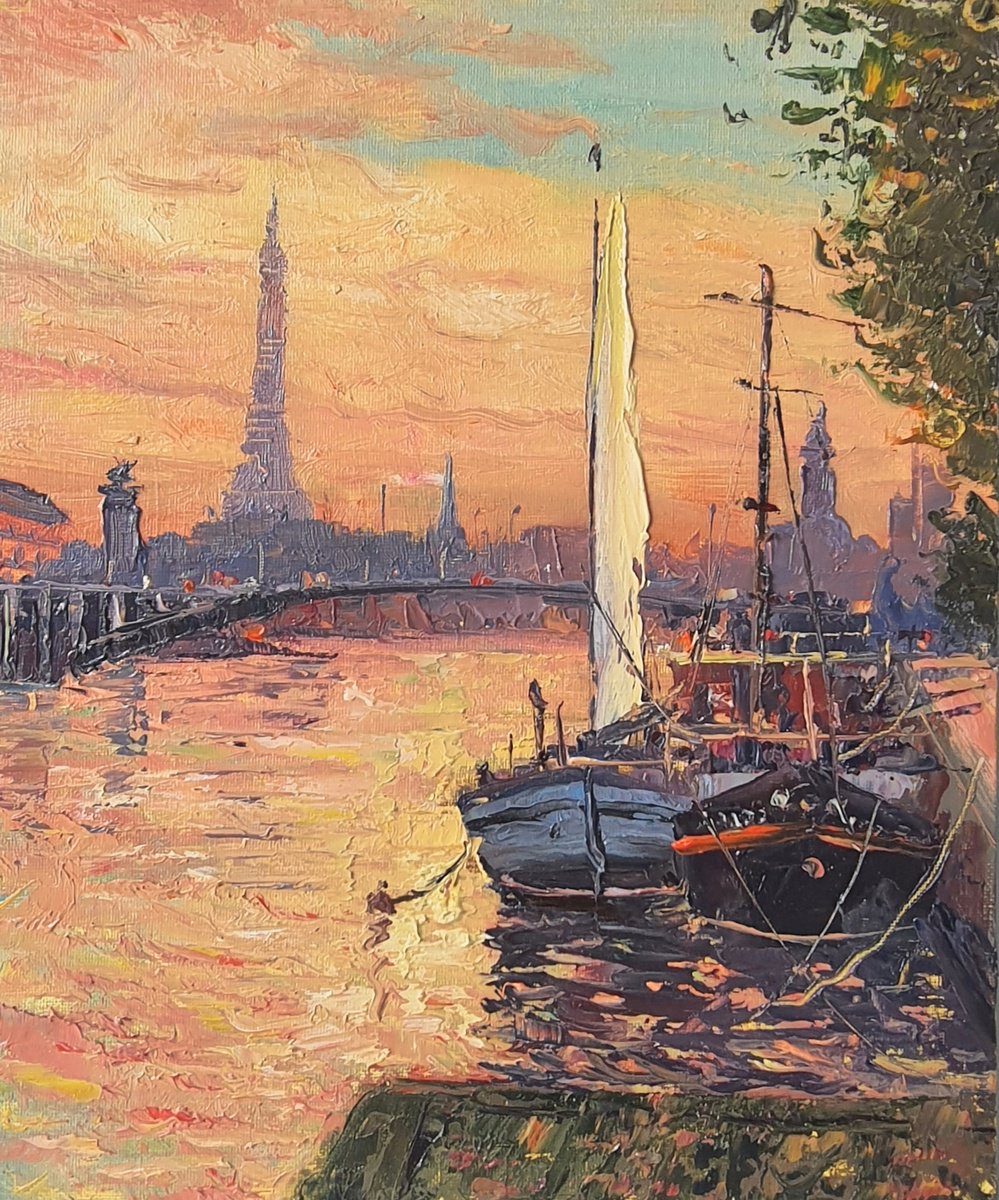 Impressionistic Landscape Oil Painting By Roberto Ponte, 10 X 12", Paris River Seine Sunset, Original Artwork