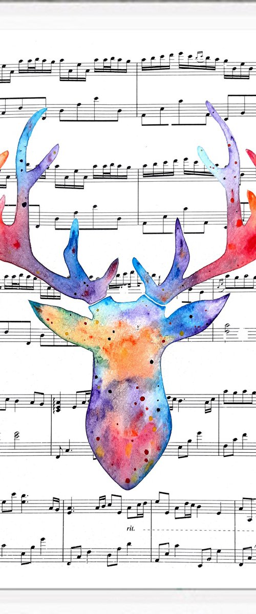 Deer, watercolor on sheet music by Luba Ostroushko