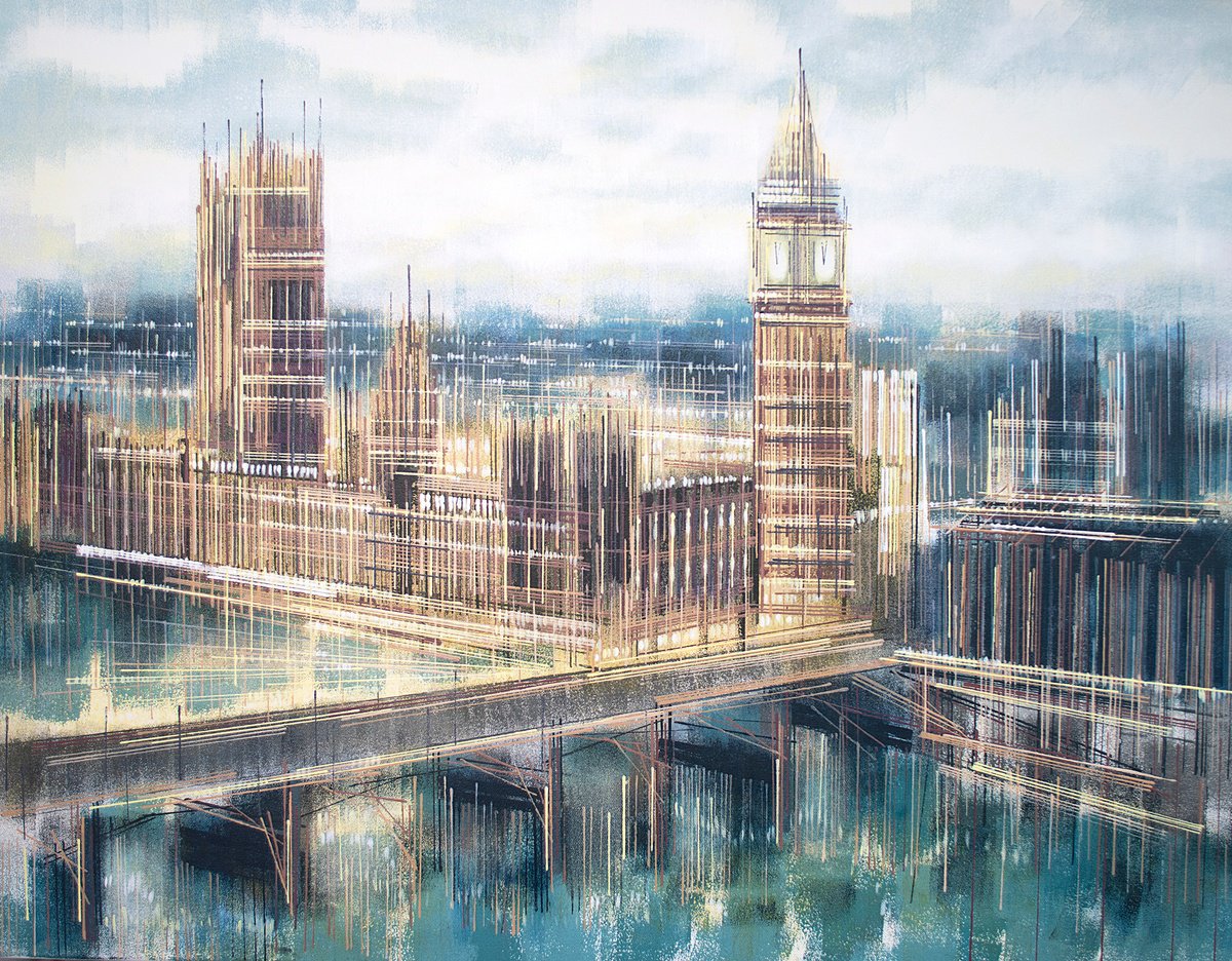 Impressionistic Cityscapes Acrylic Painting By Marc Todd, 36 X 28", Big Ben, Westminster, London, Original Artwork