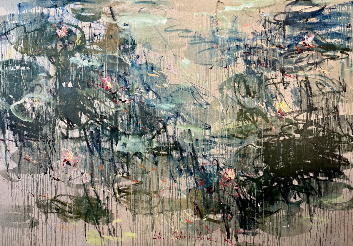 Expressive Abstract Oil Painting By Lilia Orlova-Holmes, 79 X 55", Ripples On The Pond., Original Artwork