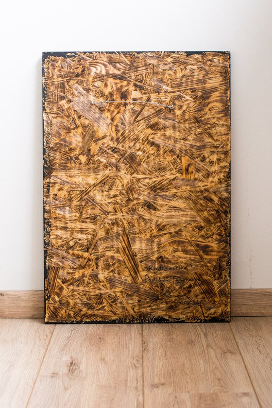 "Radioactive" (58x40x2 cm) - Unique portrait artwork on wood (abstract, portrait, gold, original, resin, beeswax, painting)