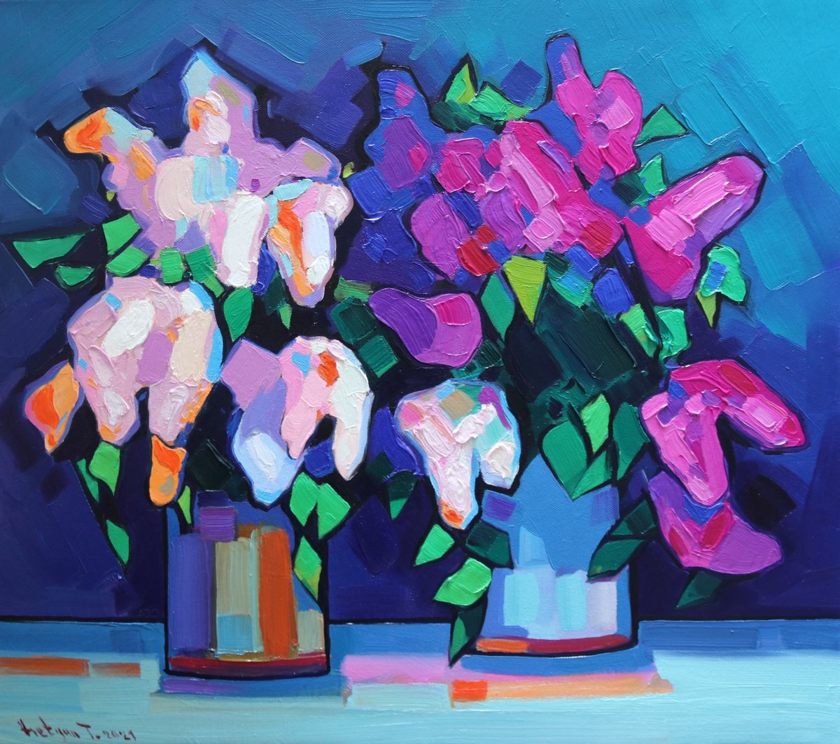 Expressive Still Life Oil Painting By Tigran Avetyan, 22 X 20", Lilac Flowers, Original Artwork