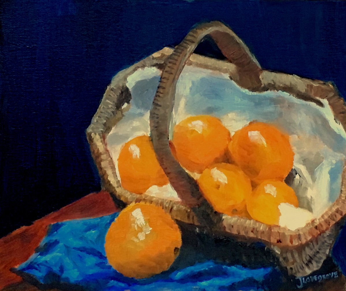 Basket of oranges, an original still life oil painting by Julian Lovegrove Art