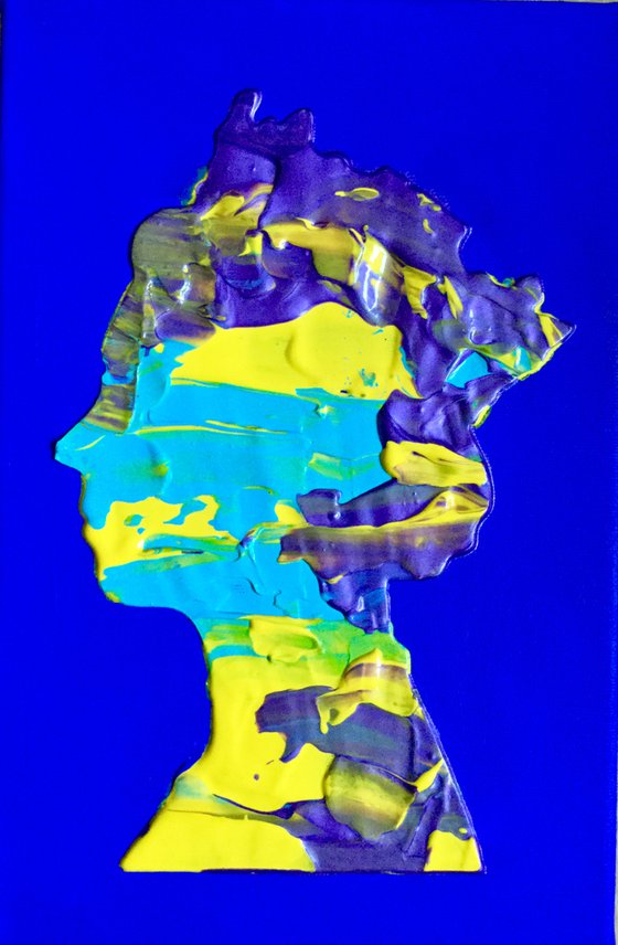 Purple metallic, yellow, gold metallic, turquoise, blue Queen #33  Abstract Queen Elizabeth  portrait  on sky bluebackground