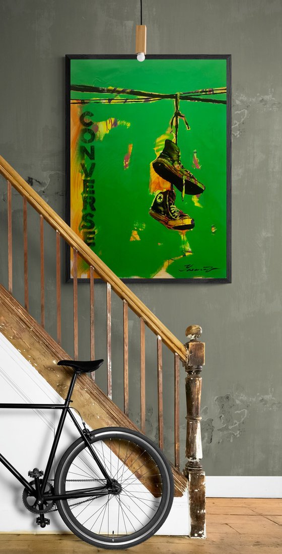 Green vertical painting - "CONVERSE" - Pop Art - Street Art - Sneakers - Urban Art - Electric wires