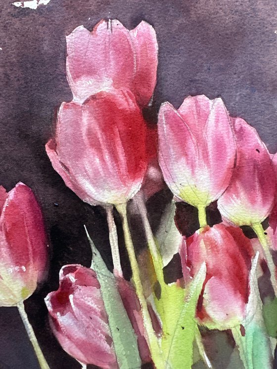 Watercolour. Tulips smell like spring.