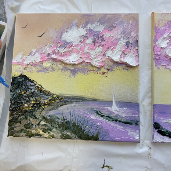 Impressionistic pink sky clouds green rainbow