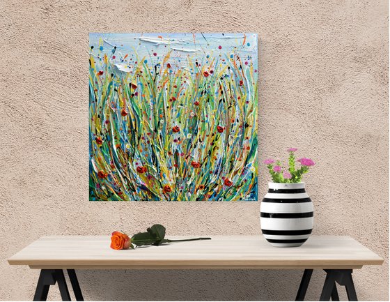 Poppy Meadow - Wildflower field Painting, Textured Wall Art