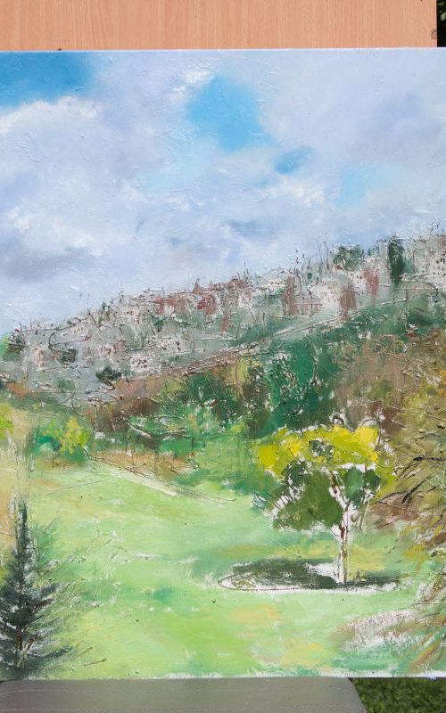 Original Trees Painting 36" Old Jerusalem Oil Painting Impressionist Lanscapes  Blue Sky Shipping Free by Leo Khomich