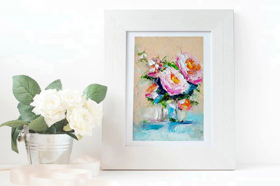 Floral Rose Painting Original Art Small Oil Artwork Flower Wall Art Mini Oil Painting