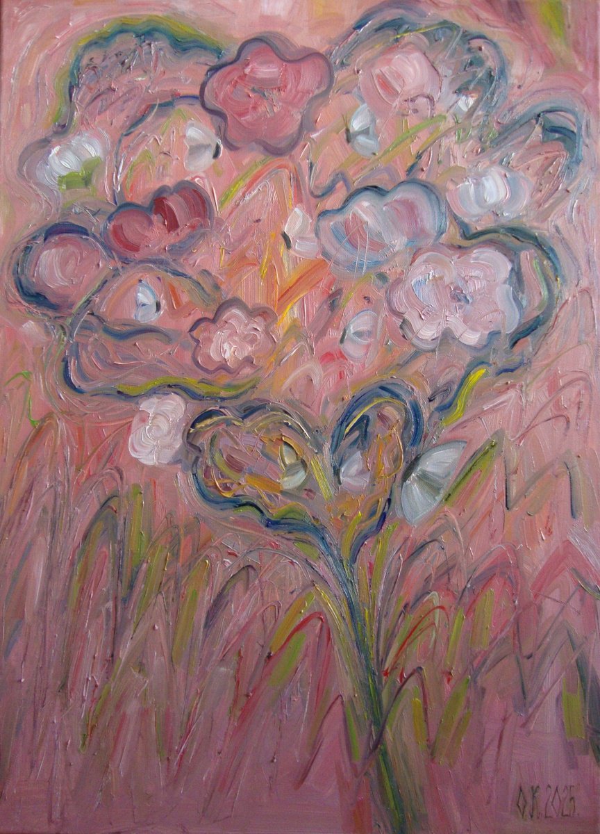 Abstract Botanical Oil Painting By Olga Knezevic, 20 X 28", Tree Of Joy, Original Artwork