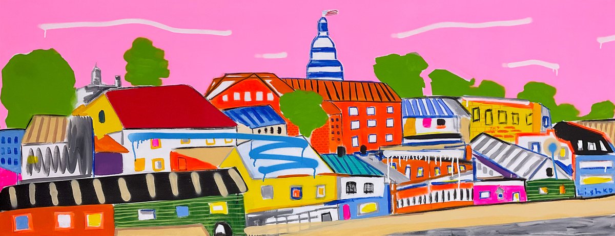 Expressive Cityscapes Acrylic Painting By V. Lishko, 71 X 28", Md United States, Original Artwork