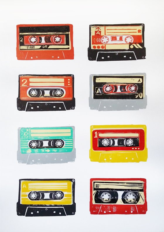 Linocut tapes #48 (cassette tapes, retro music, 70's, 80's rock culture)